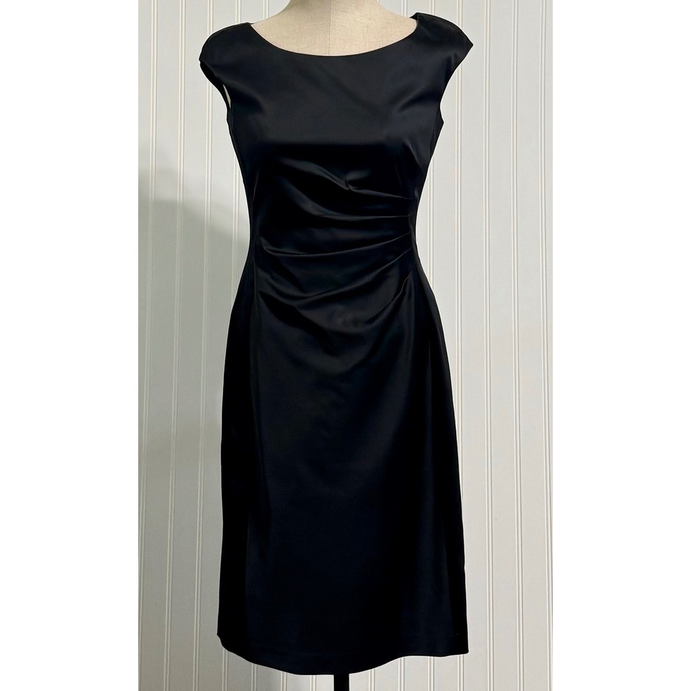 Lauren Ralph Lauren Black Satin Ruched Sheath Dress‎ Cocktail Formal  4 Luxury